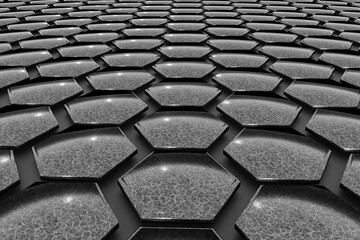 3D rendered background, black and grey hexagonal tiles with marble effect on grey background