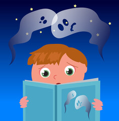 Scared boy reads a horror ghost book, cartoon vector illustration