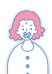 Elderly woman with crossed tape over mouth