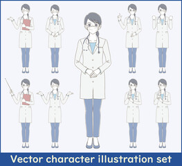 医療・医者手描き風　白衣を着てマスクを付けた女性医師の全身イラストセット