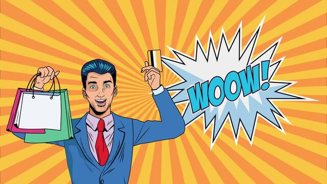 businessman with shopping bags and credit card wowo expresion pop art animation