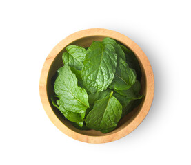 Mint leaves isolated top view on white background