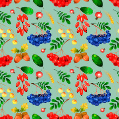 Beautiful seamless pattern with autumn berries and leaves:rowans,barberries,acorns,rosehip,other watercolor botanical elements.Thanksgiving design for fabrics,wallpaper,wrapping paper,gift packaging.
