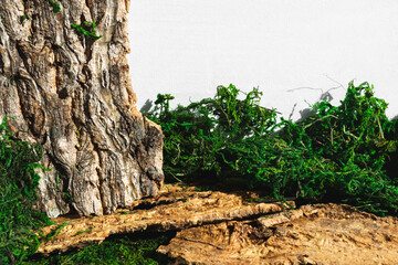 Green forest moss and bark landscape. Front view. Modern multilayered composition with natural...