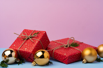 Fototapeta na wymiar Beautiful wrapped red git boxes for Christmas