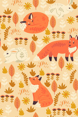 Forest seamless pattern with foxes and hares. Vector graphics.