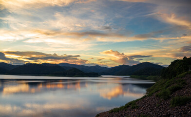 Sunset on a mountain ,reservoir in Chiang Mai, Thailand