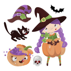 WITCH PUMPKIN Halloween Cartoon Vector Illustration Set