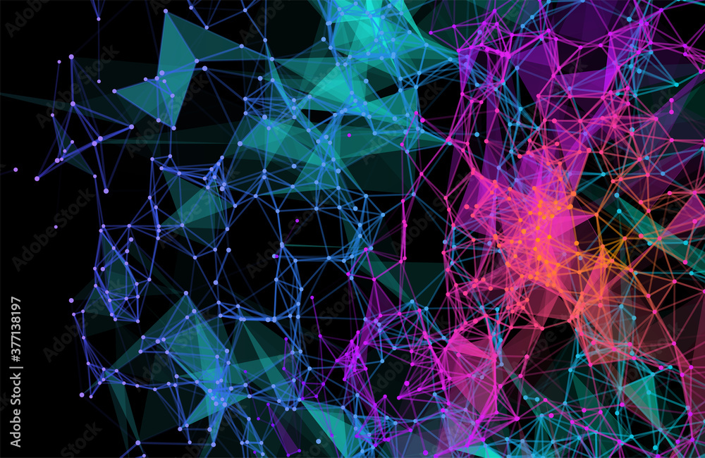 Poster blue and purple vibrant triangular grid in futuristic technology style on dark background