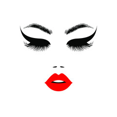 Fototapeta premium Woman beautiful face, sexy luxurious eyes with perfectly shaped eyebrows and full lashes, eyeliner tattoo. Red lips, flat style, vector illustration. Beauty logo. Element design, isolated on white.