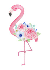 Obraz premium Lovely flamingo with beautiful flower bouquet, watercolor illustration