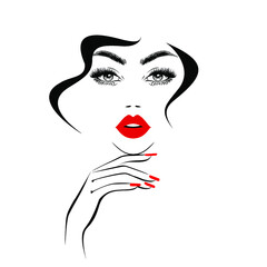 Beautiful woman face with red lips, lush eyelashes, hand with red manicure nails, black hair, stylish hairstyle. Beauty Logo. Nail art studio. Wallpaper background. Vector illustration.