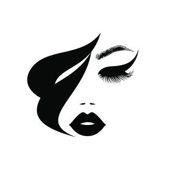 Beautiful woman face with black lips, lush eyelashes, black hair, stylish hairstyle. Beauty Logo. Wallpaper background. Vector illustration.