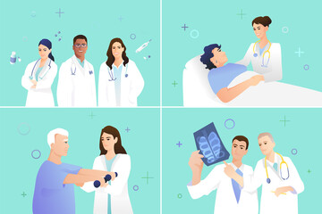 A set of four pictures of medical staff and patients. A team of experienced doctors help temporarily disabled people on a blue-green background. The concept of professional care for your health.