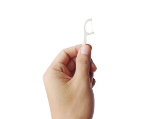 Hand holding dental floss picks,toothpick isolated on white background.