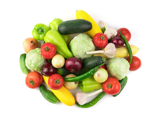 Lots of fresh different vegetables with water drops on a white background. Food background. Side view. The concept of natural products, proper nutrition.