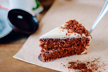 Portion of tasty chocolate biscuit cake with cocoa powder and cream topping on cooking vane