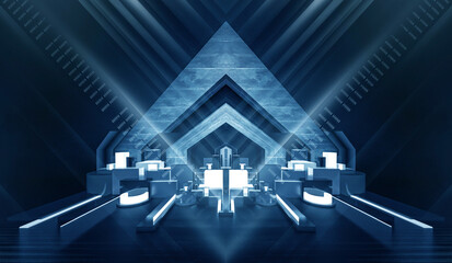 Modern futuristic dark blue background, glowing triangle, lines and rays, neon light, electric light tunnel, dark stage with spotlights, microcircuit. 3D illustration