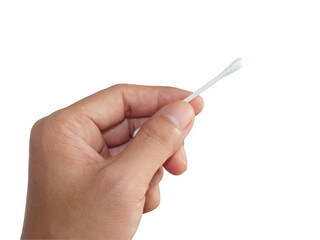 Hand holding Cotton buds isolated on white background.