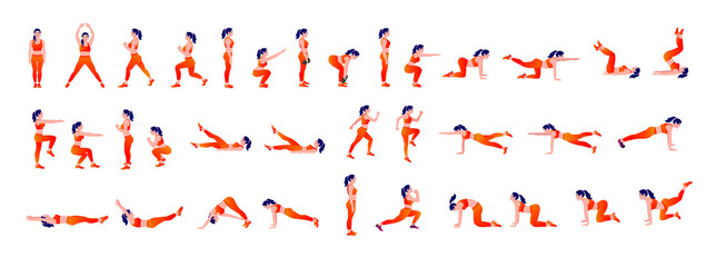 Women Workout Set. women exercise vector set. Women doing fitness and yoga exercises. Lunges, Pushups, Squats, Dumbbell rows, Burpees, Side planks, Situps, Glute bridge, Leg Raise, Russian Twist .etc