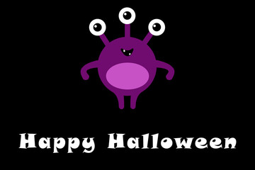 Cute cartoon monster with three eyes on black background with Happy Halloween text . Happy Halloween card. Flat design