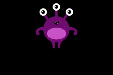 Cute cartoon monster with three eyes on black background without text . Happy Halloween card. Flat design © Iryna