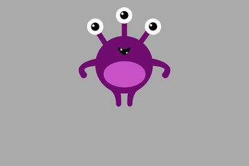 Cute cartoon monster with three eyes on gray background without text . Happy Halloween card. Flat design