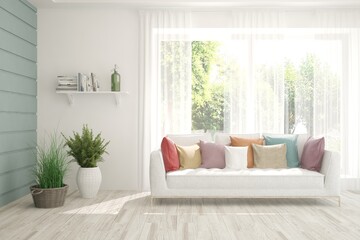 White living room with sofa and summer landscape in window. Scandinavian interior design. 3D illustration