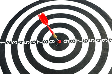 Target hit in the center by arrow. Success goals Targeting the business concept. Close up shot red dart arrow on center of dartboard, isolated on white background with clipping path.