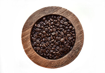 Coffee beans in a wooden bowl on a white background.