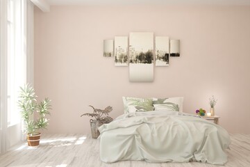Modern bedroom interior. Scandinavian design. 3D illustration
