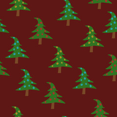 Christmas seamless pattern with decorated Christmas trees on a red background