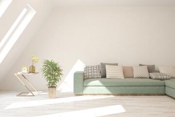 White living room with sofa. Scandinavian interior design. 3D illustration