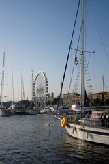 Ferris wheel in the port of city of Cagliari - Sardinia - Aug 2020.