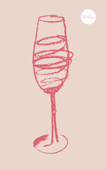 Wineglass drawing for logo design. Hand-drawn line art with artistic pencil texture. Silhouette of wine glass for emblem vineyard, organic wines banner, autumn wine festival, bar sign template.
