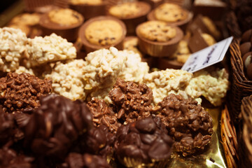 chocolate truffle balls on market counter