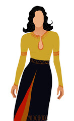 Black haired woman with no face dressed in national yellow, black and red colored dress