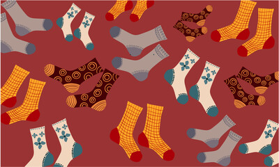 Composition of different pairs of socks with various patterns and drawings