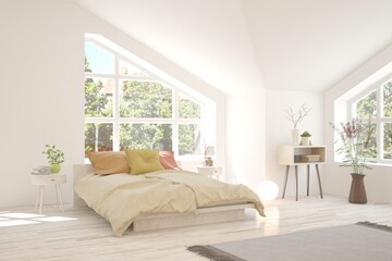 Fototapeta premium Stylish bedroom in white color with summer landscape in window. Scandinavian interior design. 3D illustration