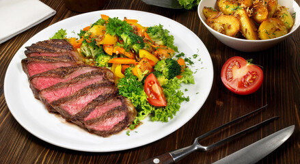 Classic Sliced Entrecote Double with Vegetables on wooden Background