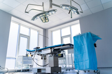 Modern surgery room. Operating theatre. Modern equipment in clinic. Emergency room. No people.