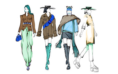 Beautiful young women in modern style.. Hand drawn stylish woman portrait. Fashion lady. Festive outfit. Sketch. Fashion model posing in dress. Hand drawn fashion woman.