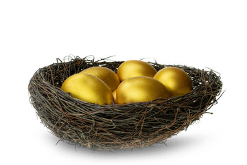 Obraz premium Golden eggs in decorative nest isolated at white background