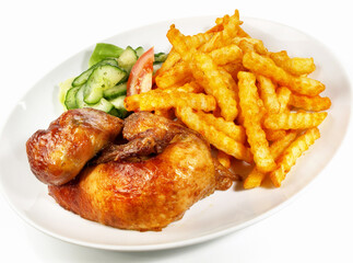 Grilled Chicken with French Fries and Salad Isolated on white Background