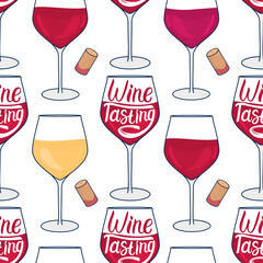 Wineglass seamless pattern. Wine Tasting lettering inscription. Vector hand drawn illustration isolated on white background. Red and white drink