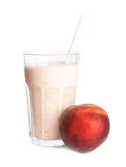 Tasty peach milk shake and fresh fruit isolated on white
