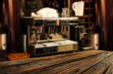 Desk of free space and cafe interior 