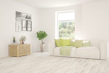 White living room with sofa and summer landscape in window. Scandinavian interior design. 3D illustration