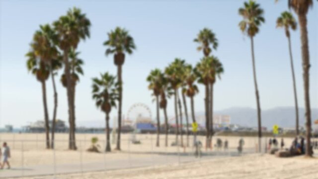 California beach aesthetic, people ride cycles on a bicycle path. Blurred, defocused background. Amusement park on pier and palms in Santa Monica american pacific ocean resort, Los Angeles CA USA.