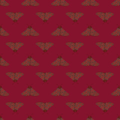 Little pale butterfly shapes seamless pattern. Simple insect backdrop with maroon background.